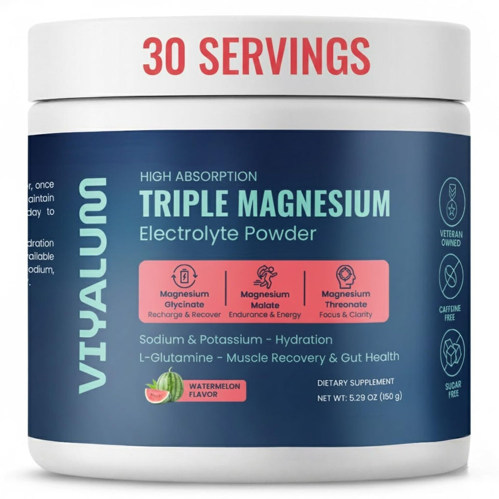 VIYALUM triple magnesium powder watermelon tub close-up highlighting packaging and flavor