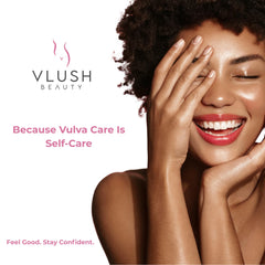 VLUSH woman-owned wellness brand emblem on packaging signaling trusted, thoughtful care.