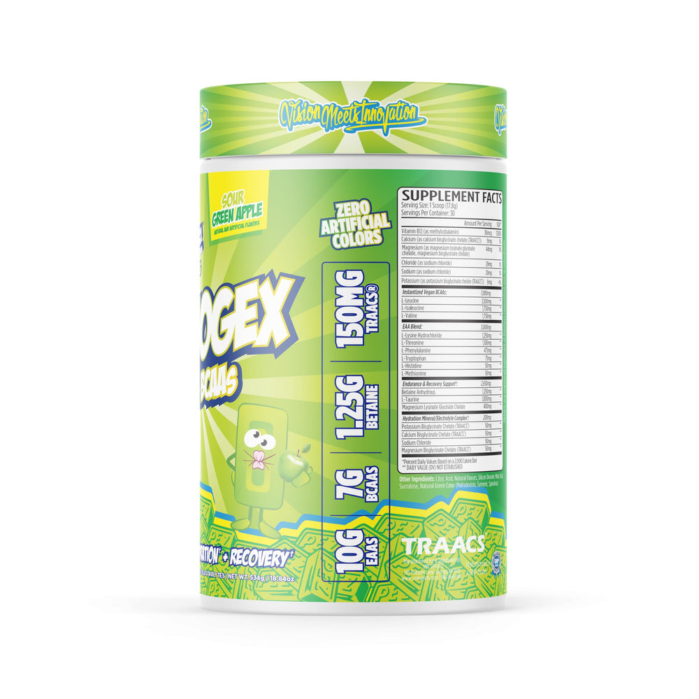 VMI Sports Aminogex Ultra label closeup shows BCAA ratio and electrolytes.