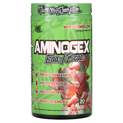 VMI Sports Aminogex Ultra watermelon bottle front highlighting electrolyte blend for hydration and recovery.