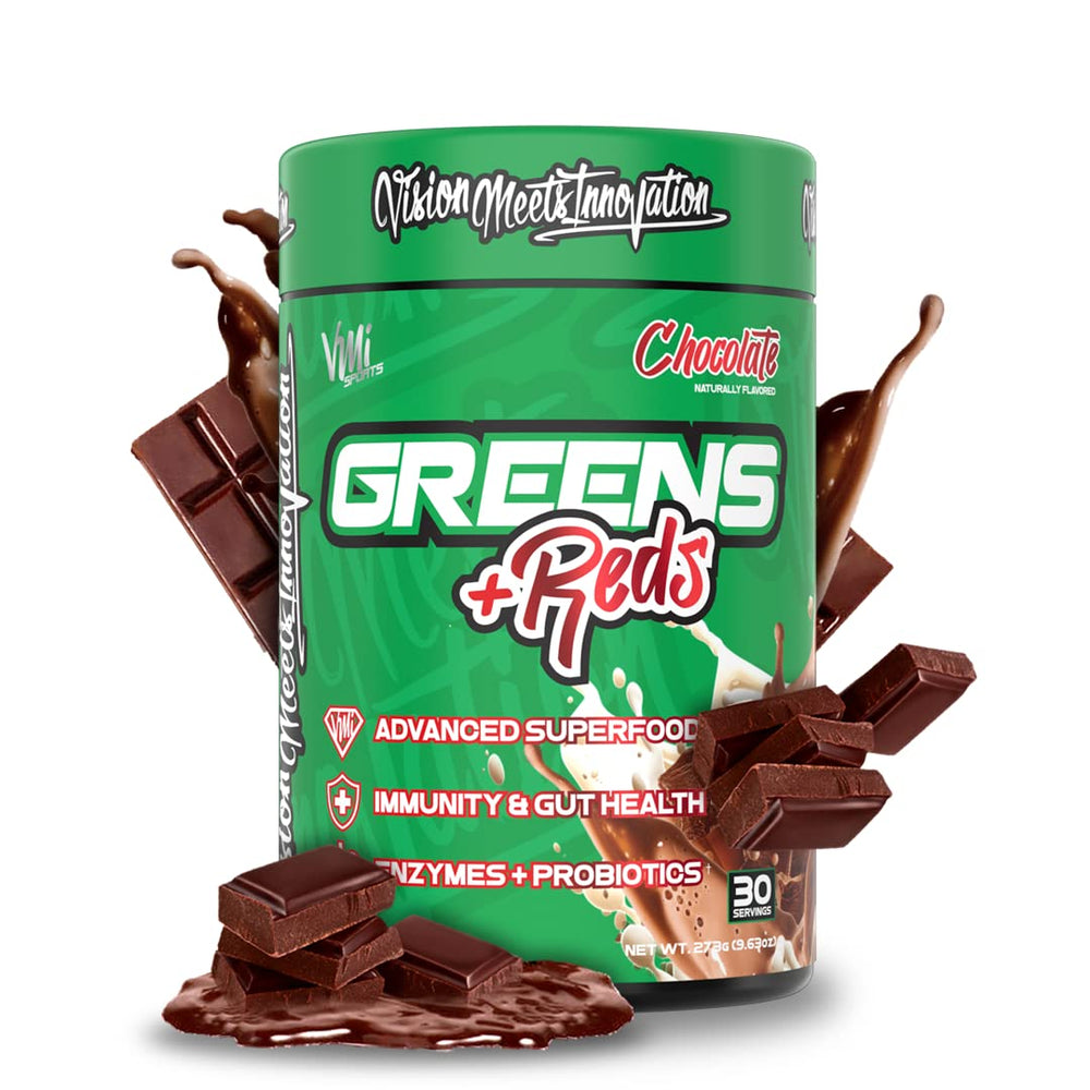 VMI Sports Greens + Reds tub front shows chocolate flavor and premium blend