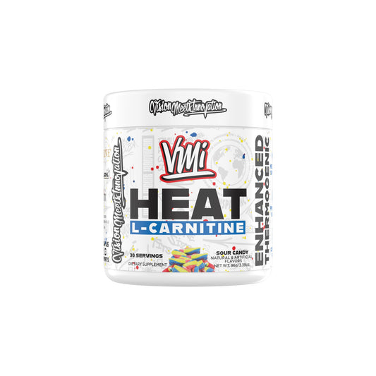 VMI Sports Heat L-Carnitine powder bottle displaying 1500 mg formula for metabolism support