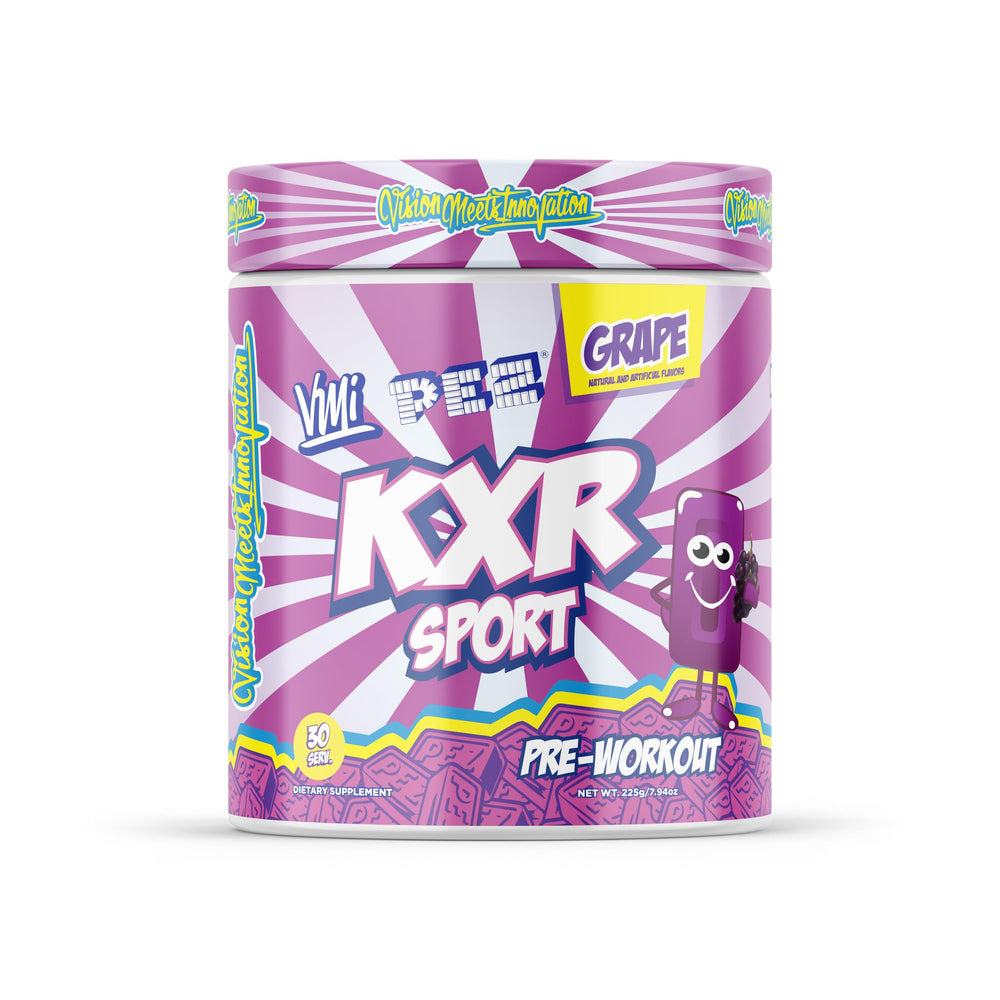 VMI Sports KXR pre-workout bottle in grape flavor for enhanced endurance.