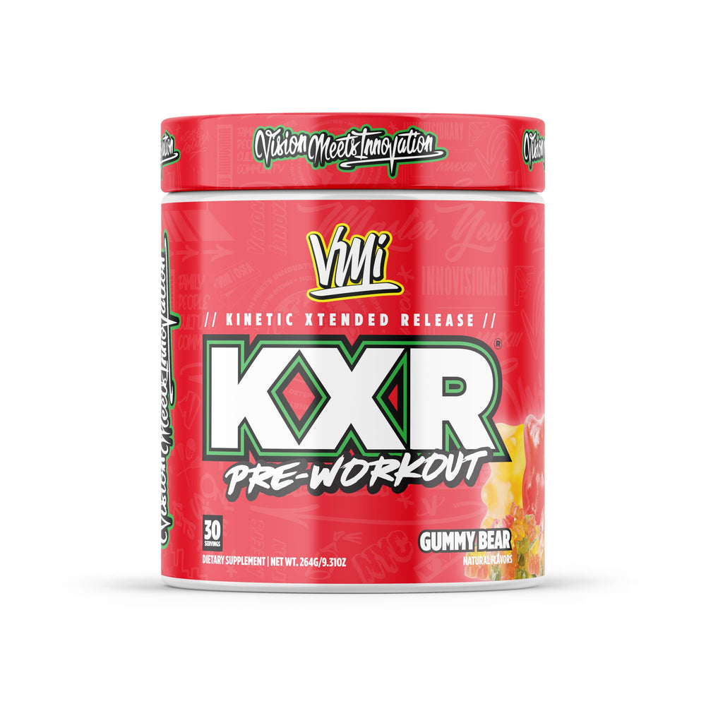 VMI Sports KXR pre-workout tub packaging highlighting energy-boosting formula.