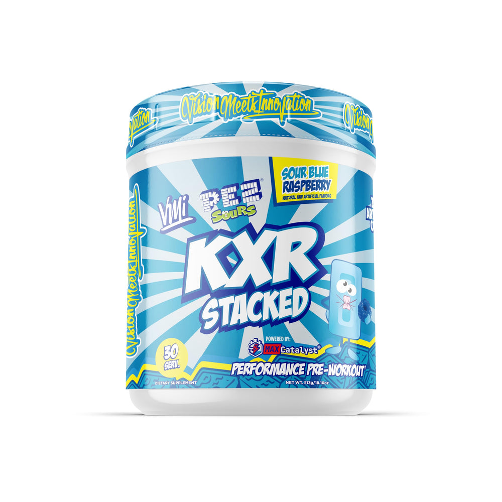 VMI Sports KXR Stacked bottle and scoop showing energy for workouts