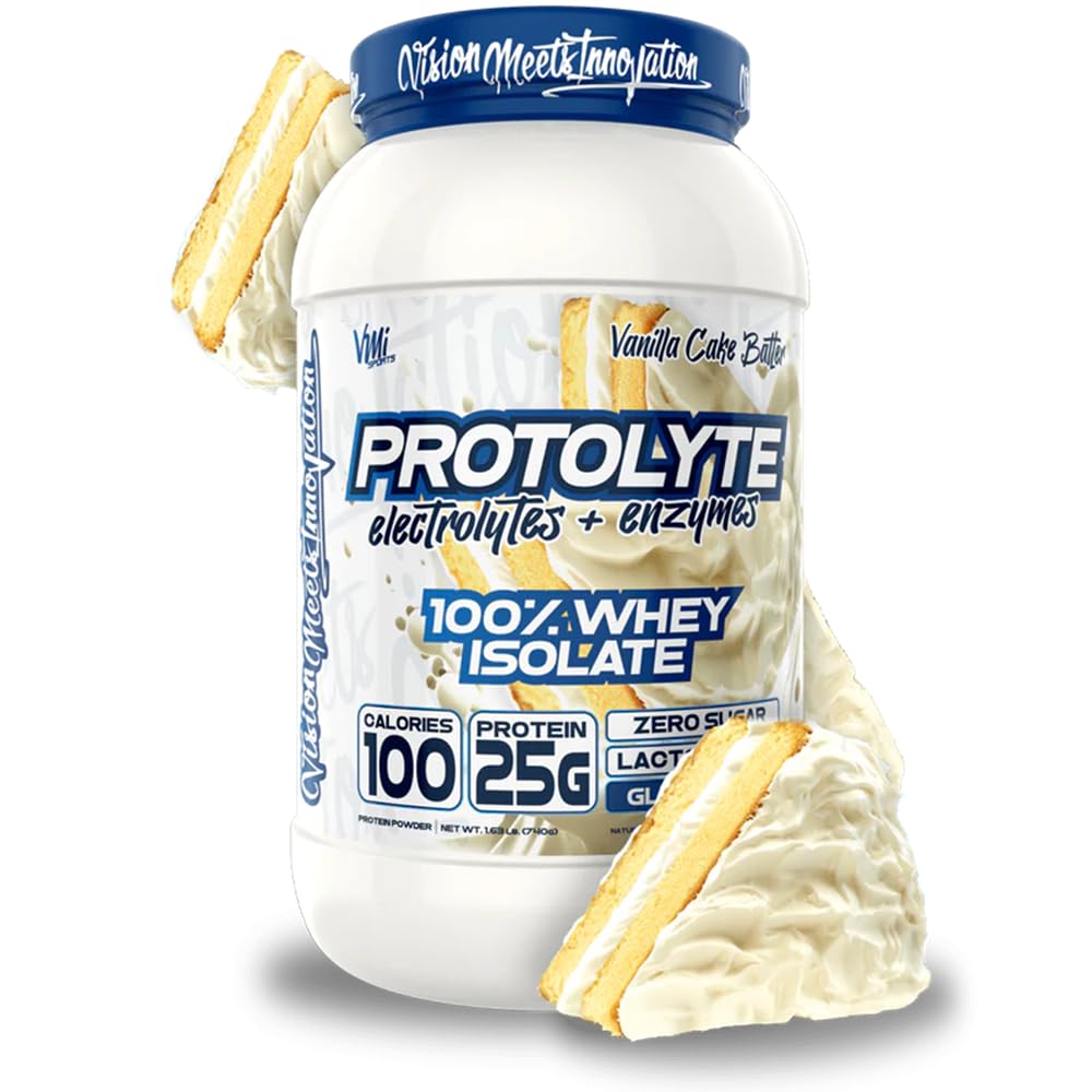 VMI Sports ProtoLyte whey isolate vanilla cake batter tub for lean muscle support.