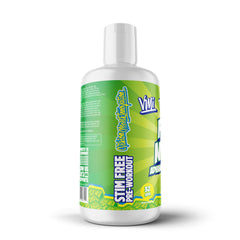 VMI Sports Pump N Flow label closeup highlighting stimulant-free formula and zero sugar.