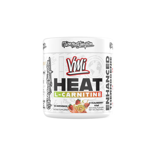 VMI Sports Heat L-Carnitine Powder bottle highlighting the high-absorption formula for workouts.