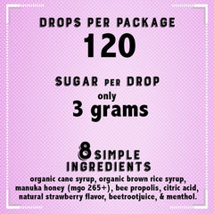 Lozenges display highlighting propolis and organic ingredients for throat nourishment.
