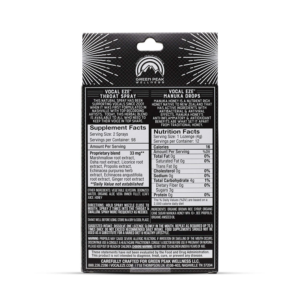 Vocal Eze Throat Spray bottle close-up highlighting natural ingredients for soothing irritation.