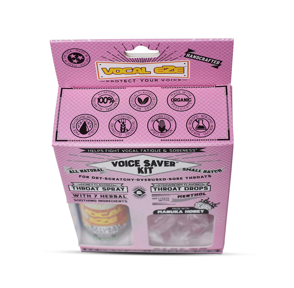 Vocal Eze Voice Saver Kit packaging shows spray and drops for on-the-go relief.