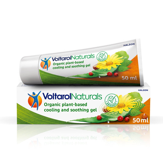 Voltarol Naturals cooling gel being applied to tense muscles for quick relief.