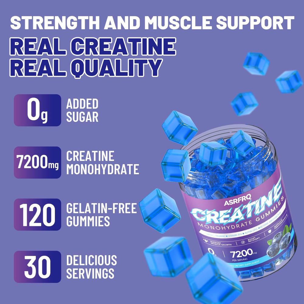 Vorelivital Creatine Monohydrate Gummies packaging front highlights vegan, sugar-free formula.