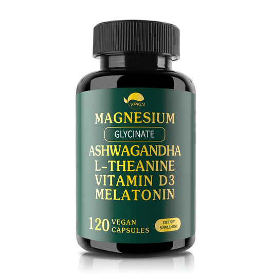 VPKIN Magnesium Ashwagandha bottle on a clean surface for daily calming support