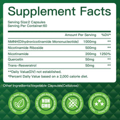Ingredient blend visual with NMNH, NR, Quercetin, and Resveratrol.