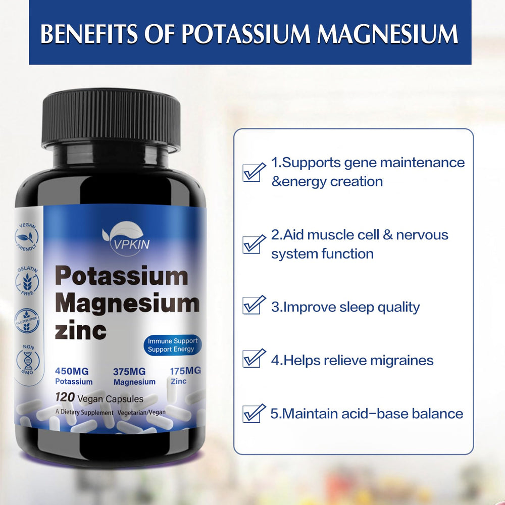 VPKIN Potassium Magnesium supplement ingredients panel with zinc citrate details