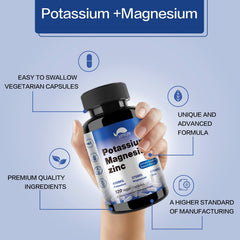 VPKIN Potassium Magnesium supplement label highlighting vegan and non-GMO ingredients