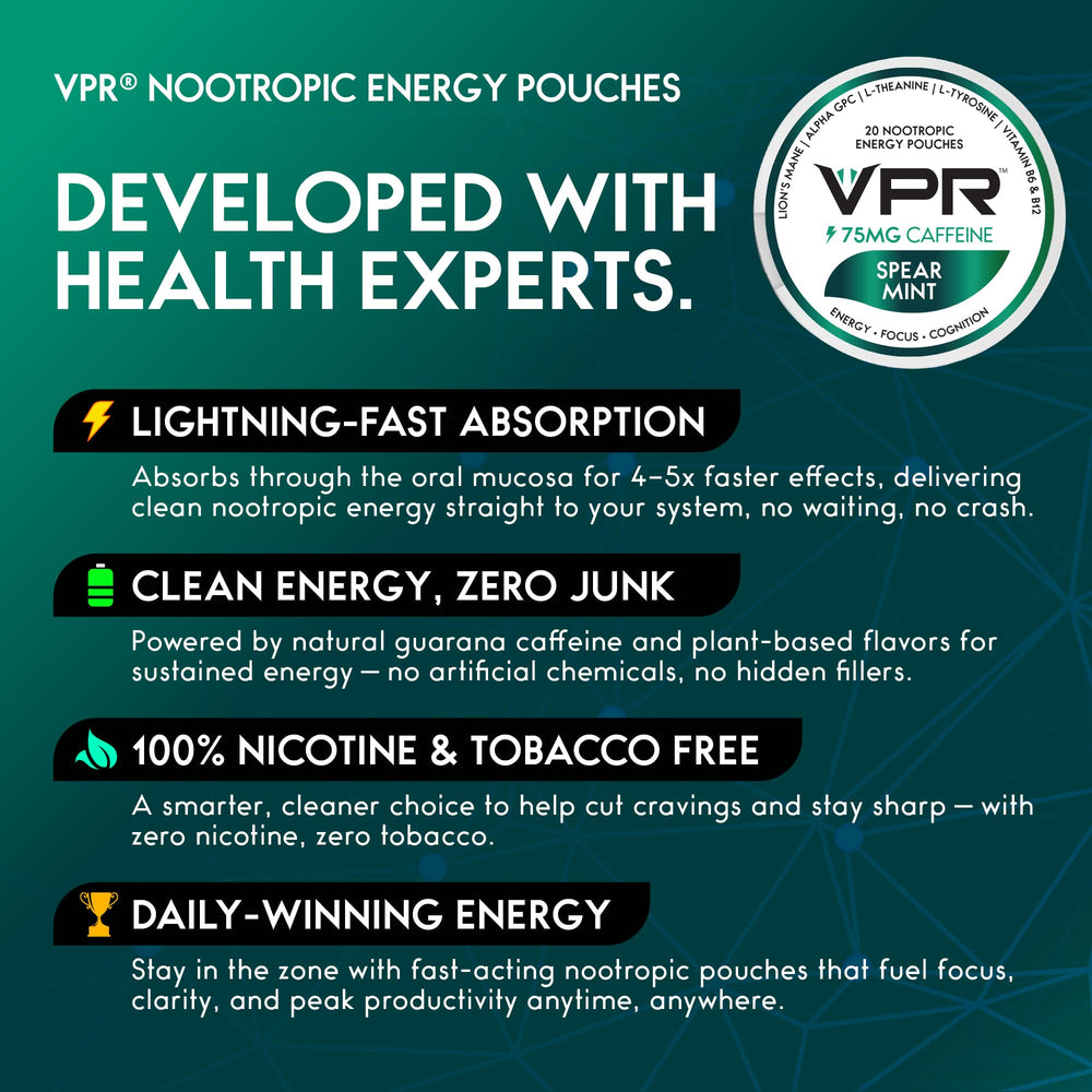 VPR Energy 75mg gums-absorption image showing fast-acting delivery
