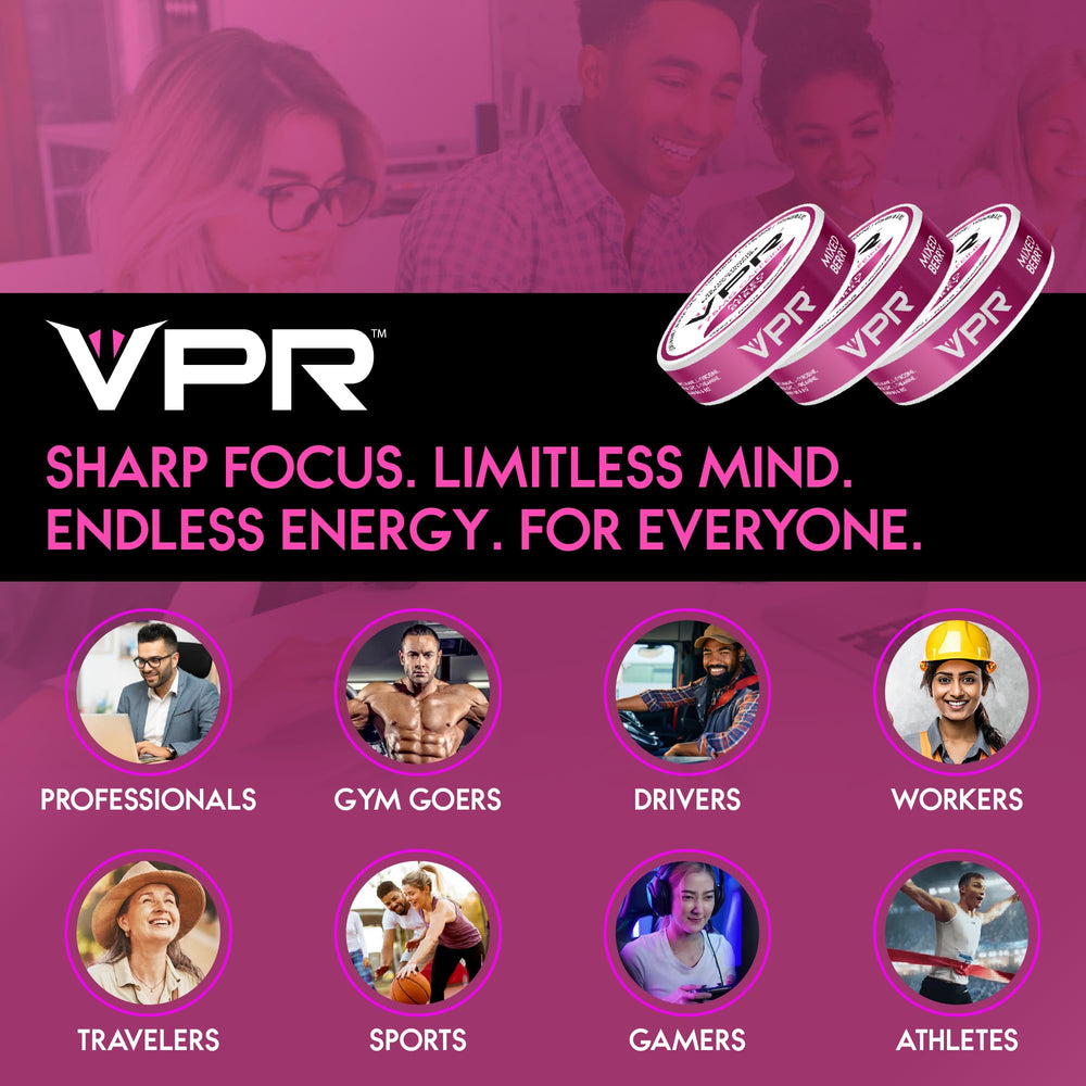 VPR Energy naturally flavored mixed berry pouch with clean energy and no added sugar.