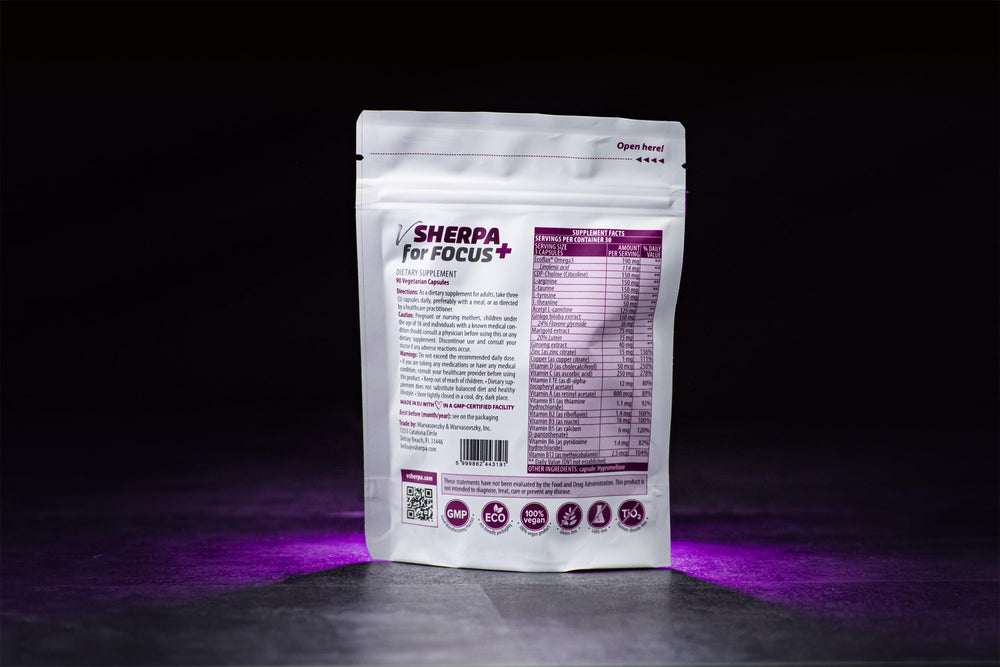 vSherpa Focus+ bottle label detail highlighting clean ingredients.