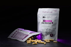 vSherpa Focus+ capsules close-up promoting daily cognitive support.