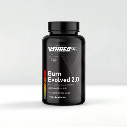 VShred MD Burn Evolved 2.0 bottle front showing sleek packaging for energy support and metabolism