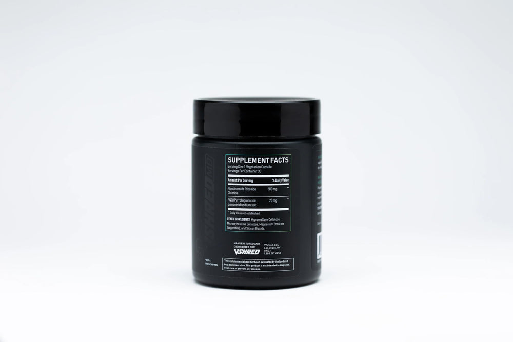 V Shred MD NR Boost label detail emphasizing NAD+ support benefits.