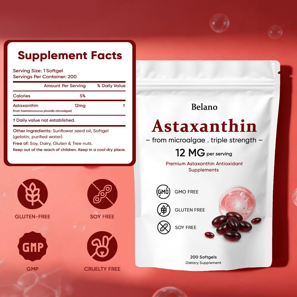 VSXAZ Astaxanthin 12mg packaging highlights natural Haematococcus pluvialis source.