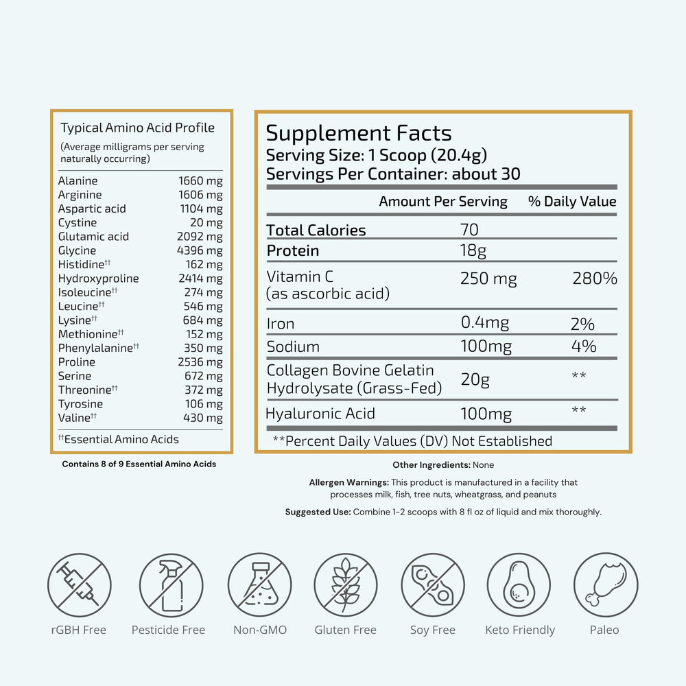 Collagen powder scoop beside the tub, ideal for easy daily dosing.