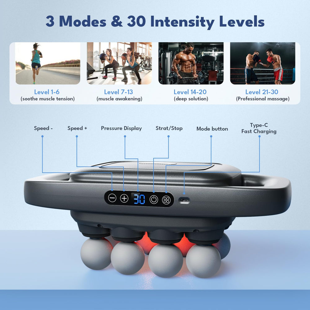 VTT 8-head massage gun ergonomic handle for comfortable grip.