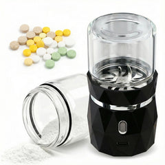 VVKKENN electric pill crusher container view, powder ready for easy dosing.