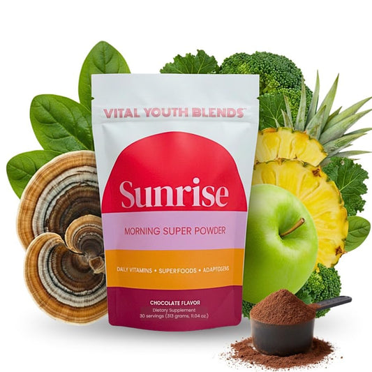 VYB All-in-One chocolate powder tub for convenient daily wellness.