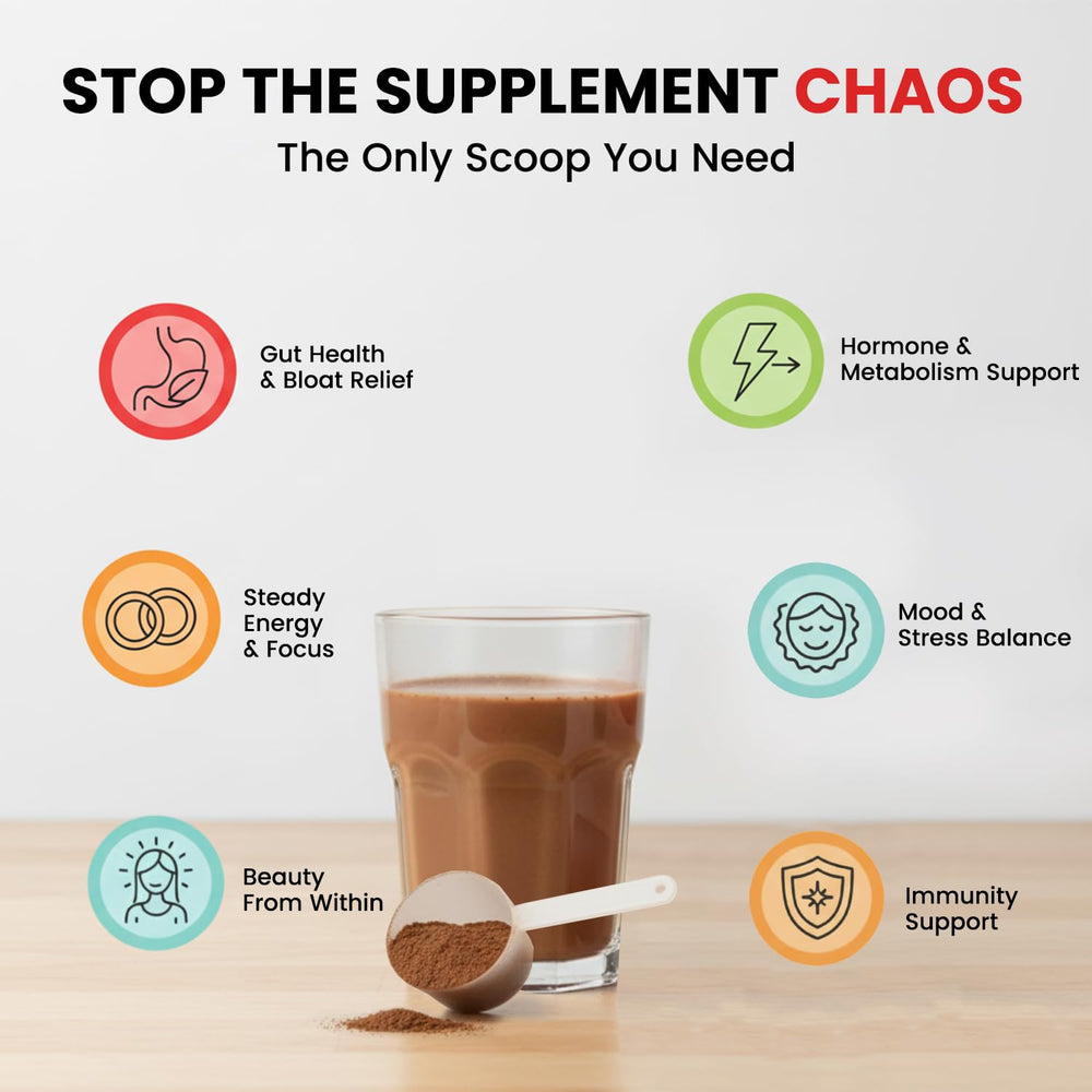 VYB daily wellness routine shot with glass and scoop.