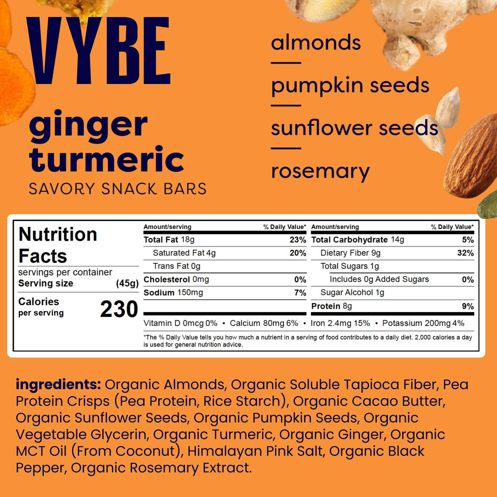 Vybe Savory nutrition bar plant-based ingredients shown for a quick energy lift
