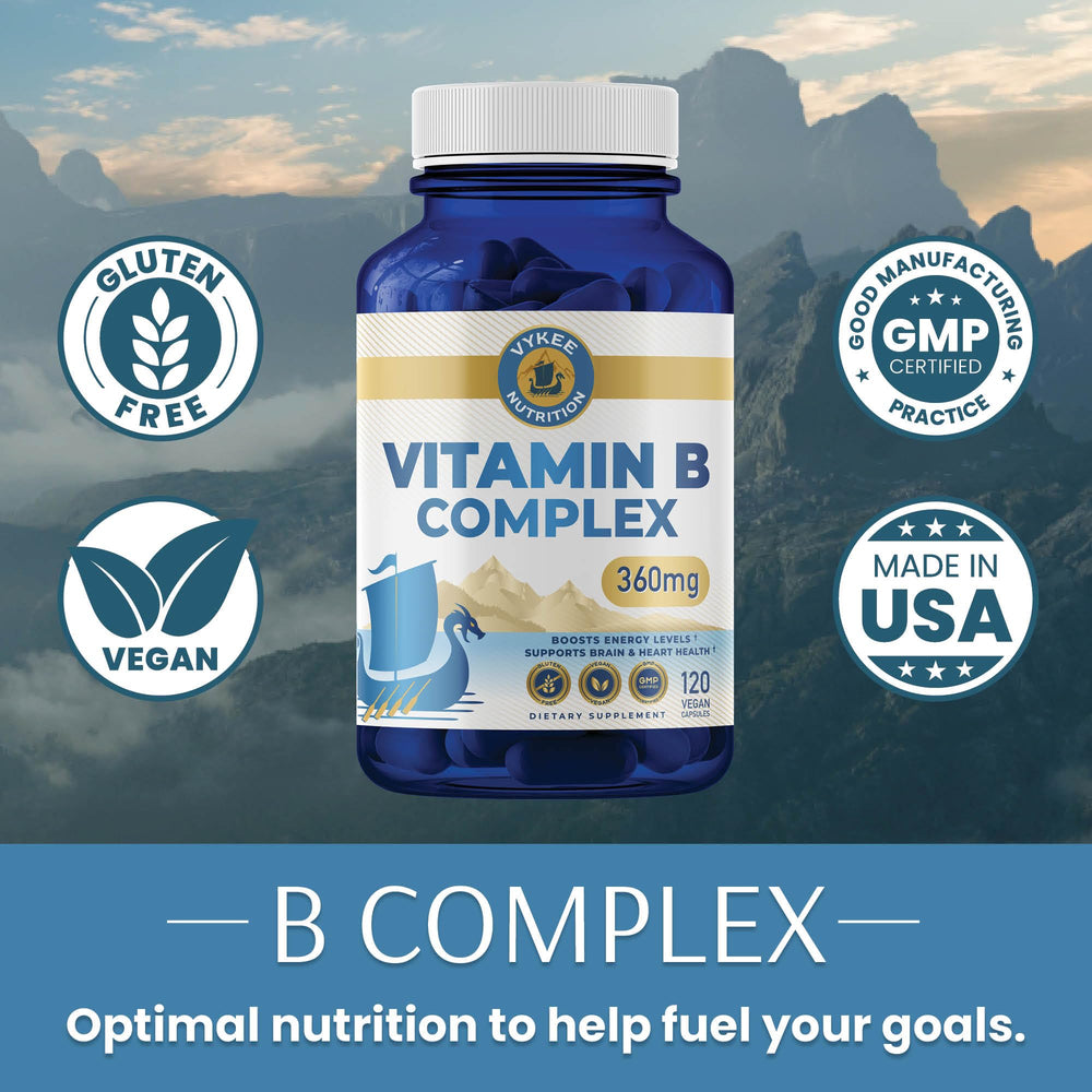 Vykee Nutrition B Complex bottle back showing supplement facts and vegan non GMO claim