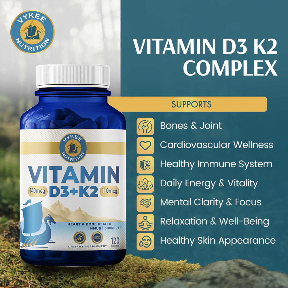 Vykee Nutrition D3 K2 Complex capsules closeup highlighting potency for daily calcium support.