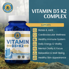 Vykee Nutrition D3 K2 Complex capsules closeup highlighting potency for daily calcium support.
