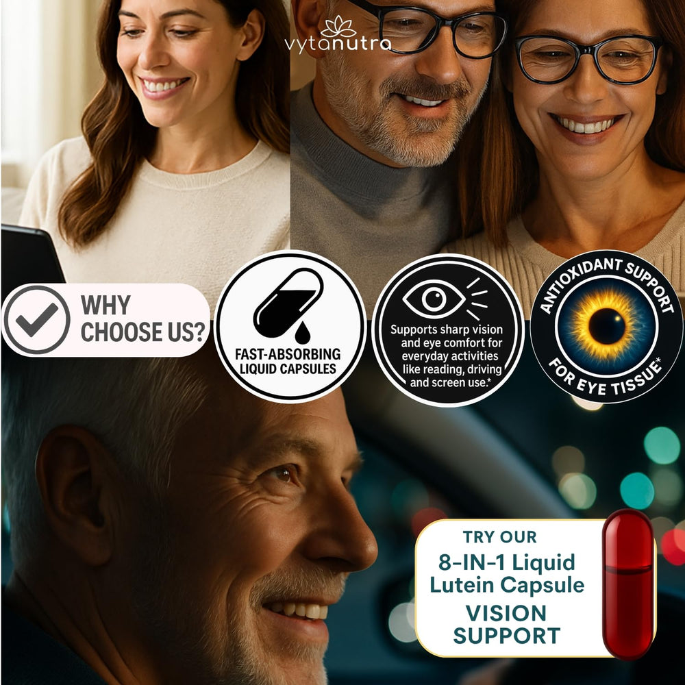 Vytanutra Liquid Lutein box front promoting eye wellness.