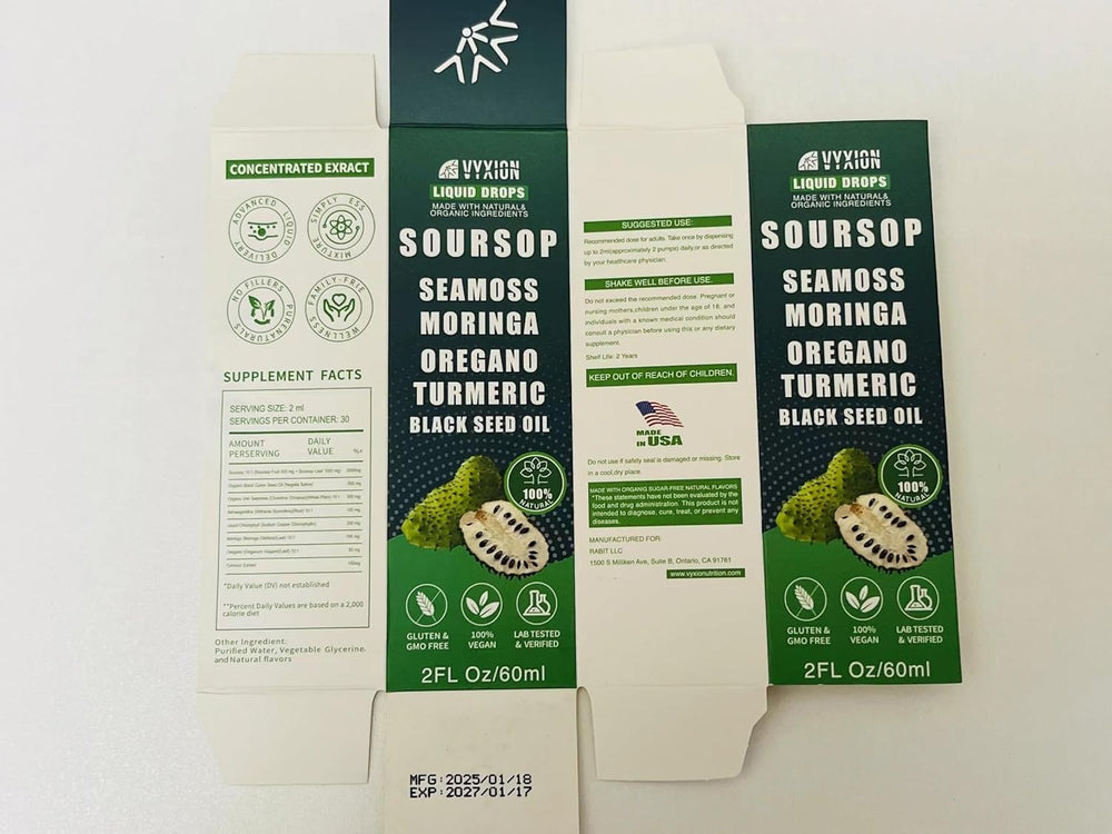 Close-up of green-tinted Vyxion bottle with natural extracts.
