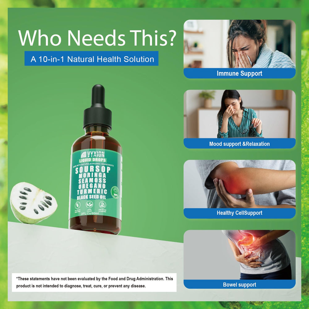 Vyxion Soursop Bitters label highlights the 10-in-1 herbal blend