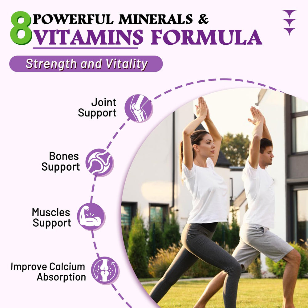 VZOXAINS Calcium Gummies label highlights the 8-in-1 formula for balanced nutrition