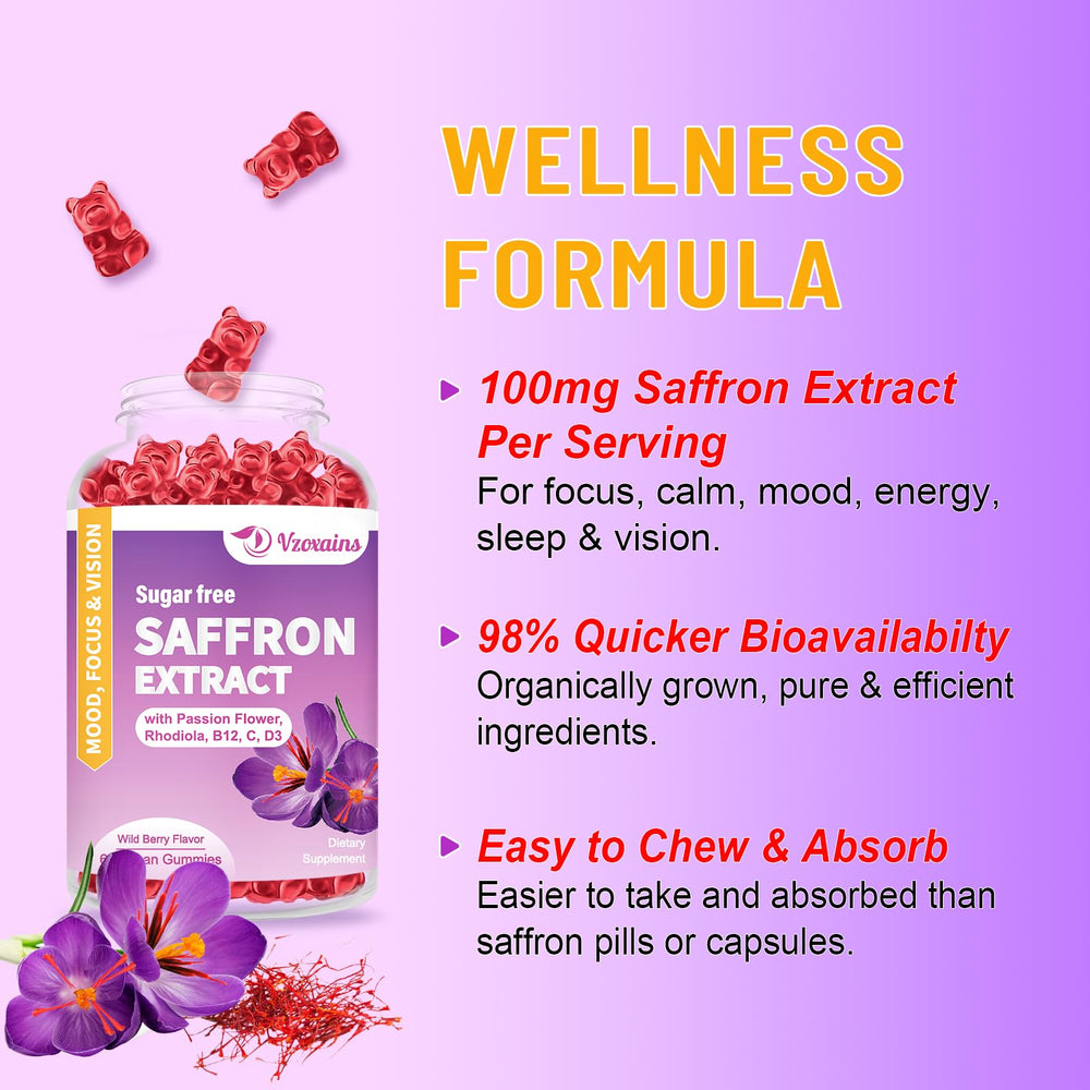 Vzoxains saffron gummies ingredients panel highlights saffron, magnesium, and vitamins for balance