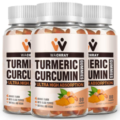 WACHRAY Turmeric Gummies bottle front showing vegan, gelatin-free formula for daily joint comfort.