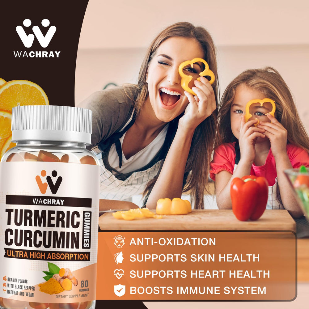 Gummy visuals highlight turmeric-ginger-pepper blend for absorption support.