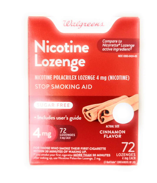 Walgreens nicotine lozenge cinnamon package front view supports quit attempts.