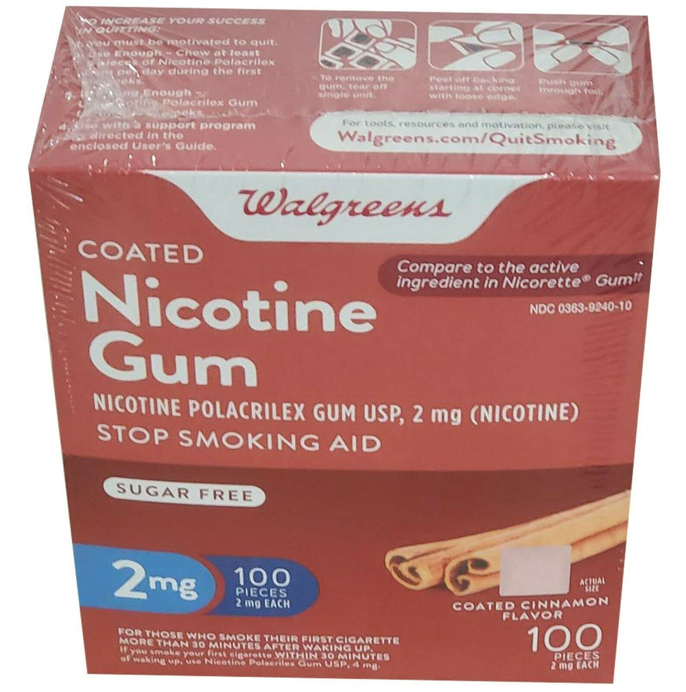Walgreens nicotine replacement gum 2mg cinnamon pack helps manage cravings during quit attempts.