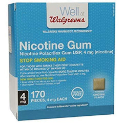 Walgreens Original Nicotine Gum 4 mg packaging helps manage cravings during quit attempts.