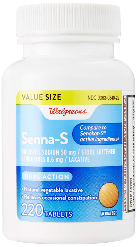 Walgreens Senna-S tablets packaging close-up for gentle relief