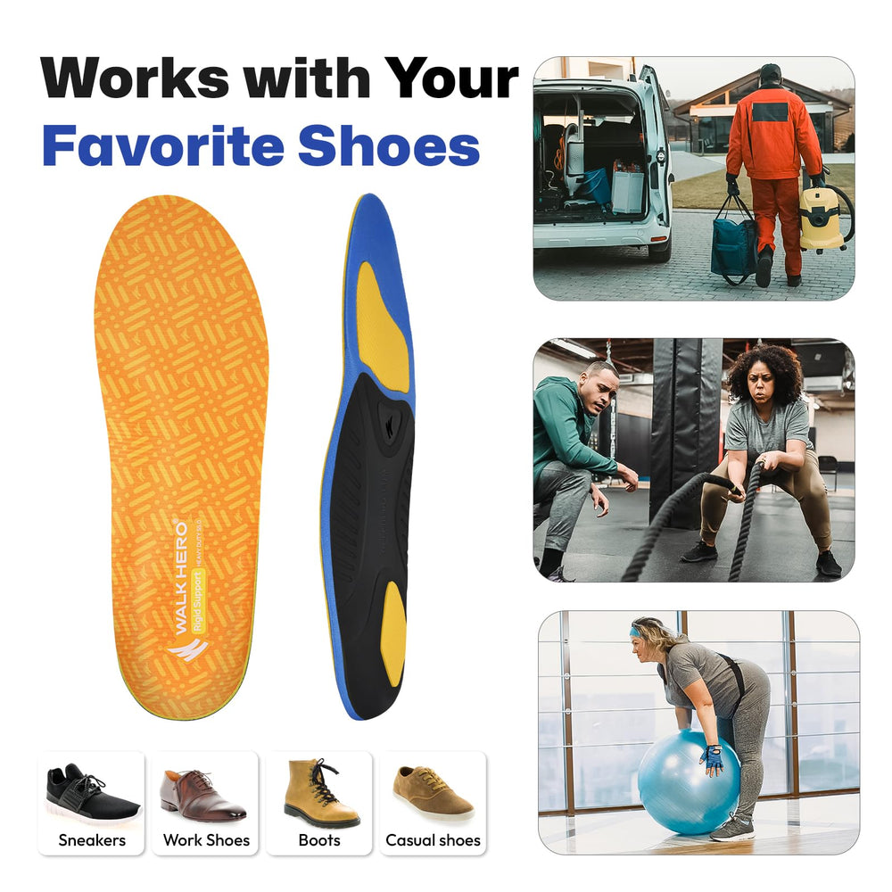 WalkHero work-boot friendly insoles show versatile fit across shoe types.