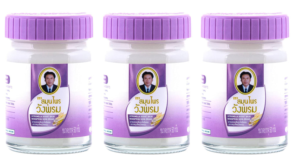 Wang Prom Herbal Balm jar close-up highlighting menthol and camphor for refreshing comfort.